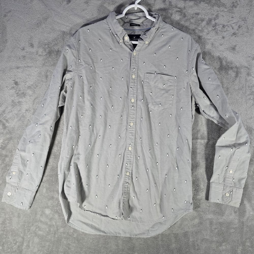 American Eagle Penguin Print Button Down‎ Shirt Seriously Soft Collection L
